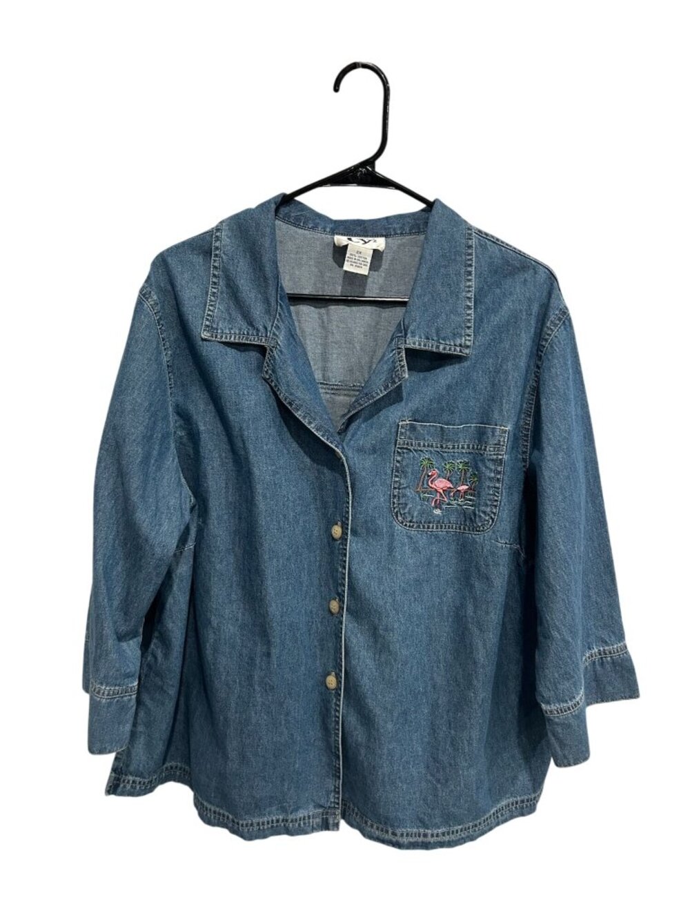 Original Ty2 2X Denim Shirt Flamingo Embroidery Button Up Kitschy Vintage